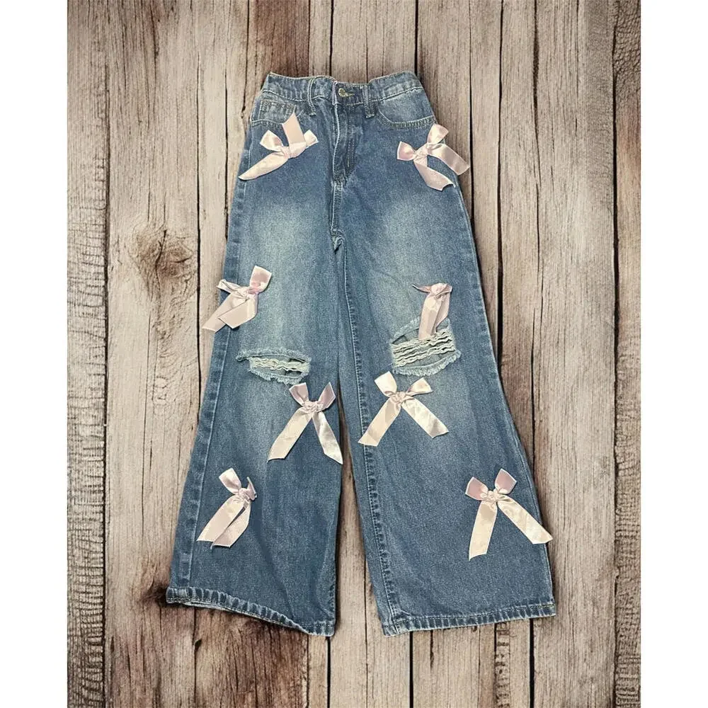 Y2K Bow‎ Washed Distressed Jeans Size 9Y Wide Leg